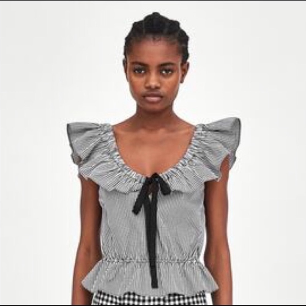 Zara Black and White Gingham Print Ruffle Top